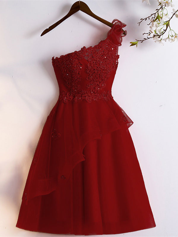 Robe De Cocktail Bal Asymetrique Courte Rouge Tulle Volant Dentelle Une Epaule