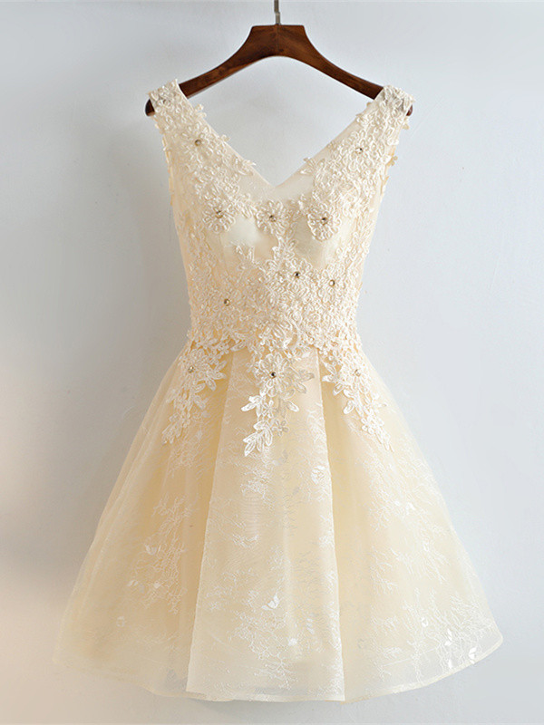 Robe De Cocktail Bal Chic Courte Champagne Dentelle Strass Col V
