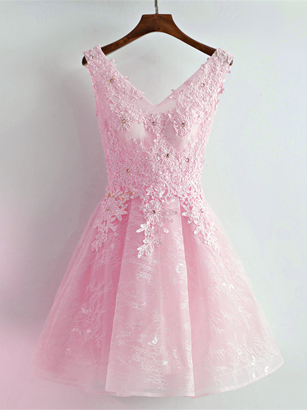 Robe De Cocktail Bal Chic Courte Rose Pale Dentelle Strass Col V