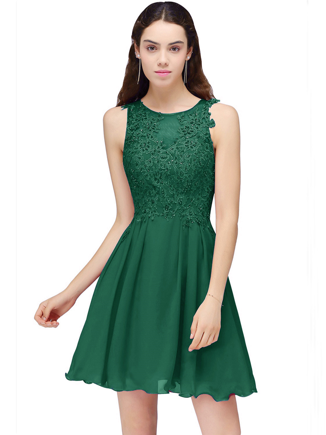 Robe De Cocktail Fete Courte Vert Sapin Mousseline Dentelle Perle
