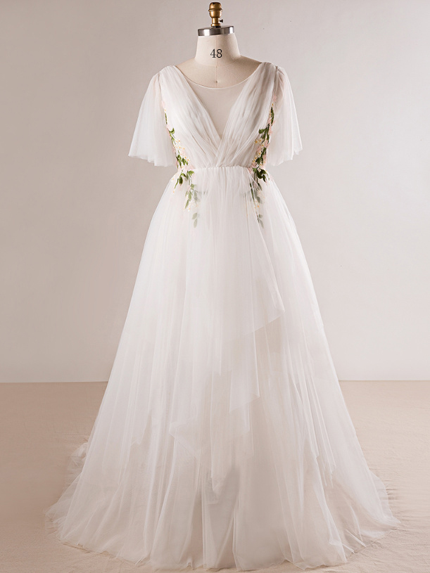 Robe De Mariee Boheme Grande Taille Tulle Fleurie Manche Volant Champetre
