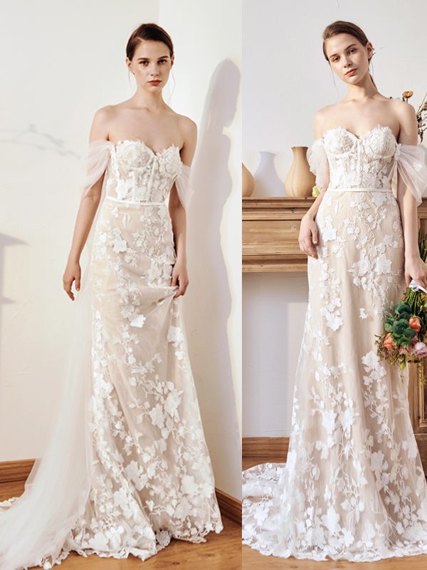 Robe De Mariee Cintree Bretelle Tombante Corset Champagne Ivoire Dentelle Fleur