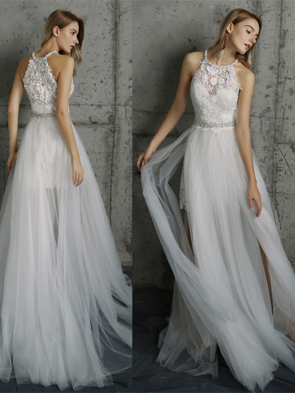 Robe De Mariee Civile Elegante Blanche Dentelle Tulle Fluide Avec Fente