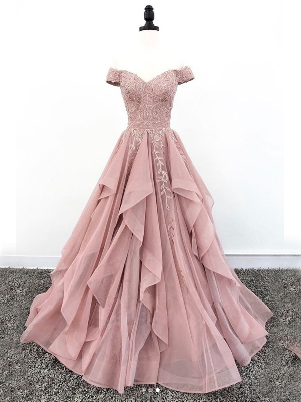 Robe De Mariee Coloree Epaule Denudee Longue Vieux Rose Organza a Volant Dentelle