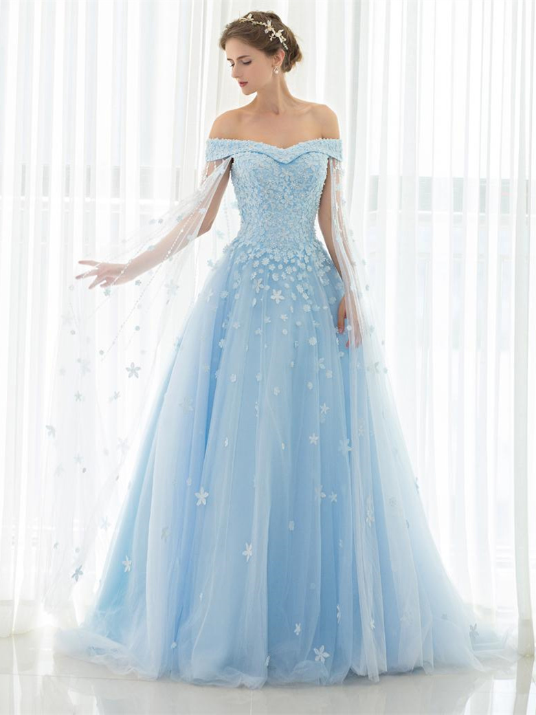 Robe De Mari e Epaule D nud e Princesse Bleu Clair Tulle Avec