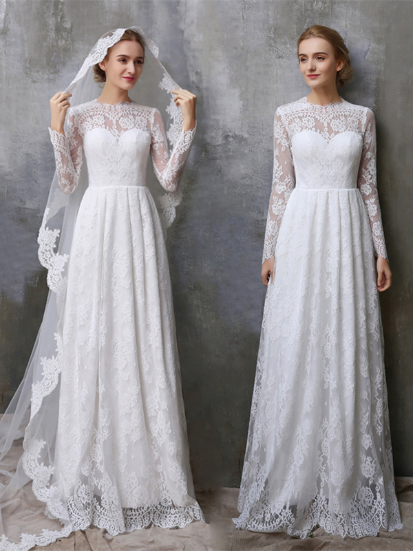 Robe De Mariee Glamour Manche Longue Dentelle Vintage Col Montant