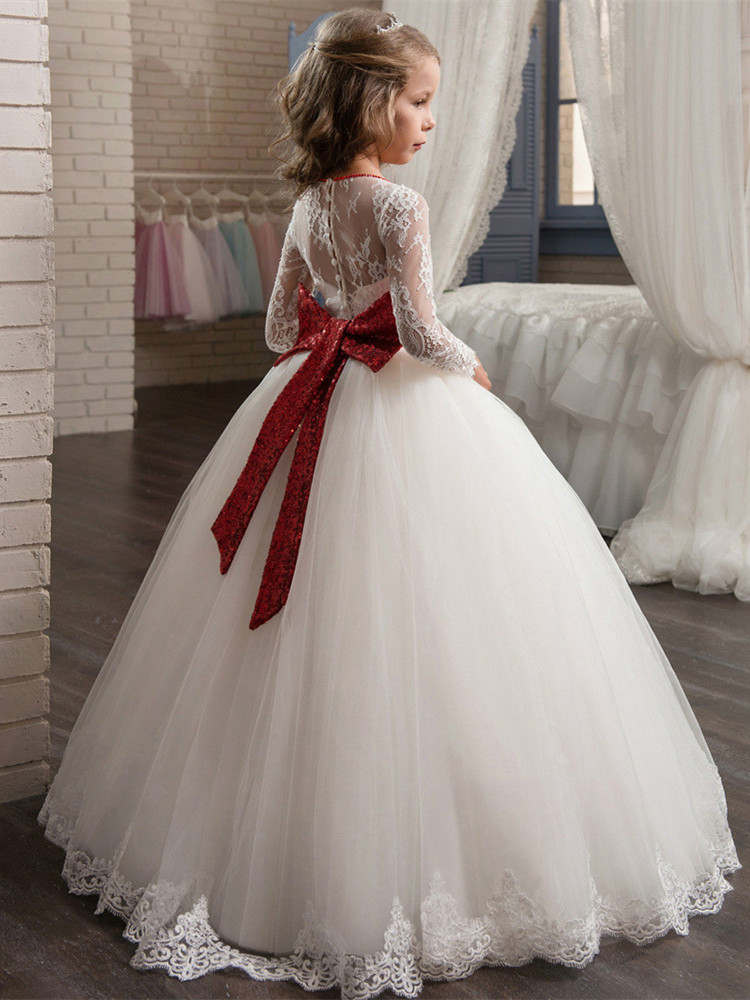Robe De Mari e Pour Fille Dentelle Manche Longue Avec Ruban Noeud Paillette Roughe