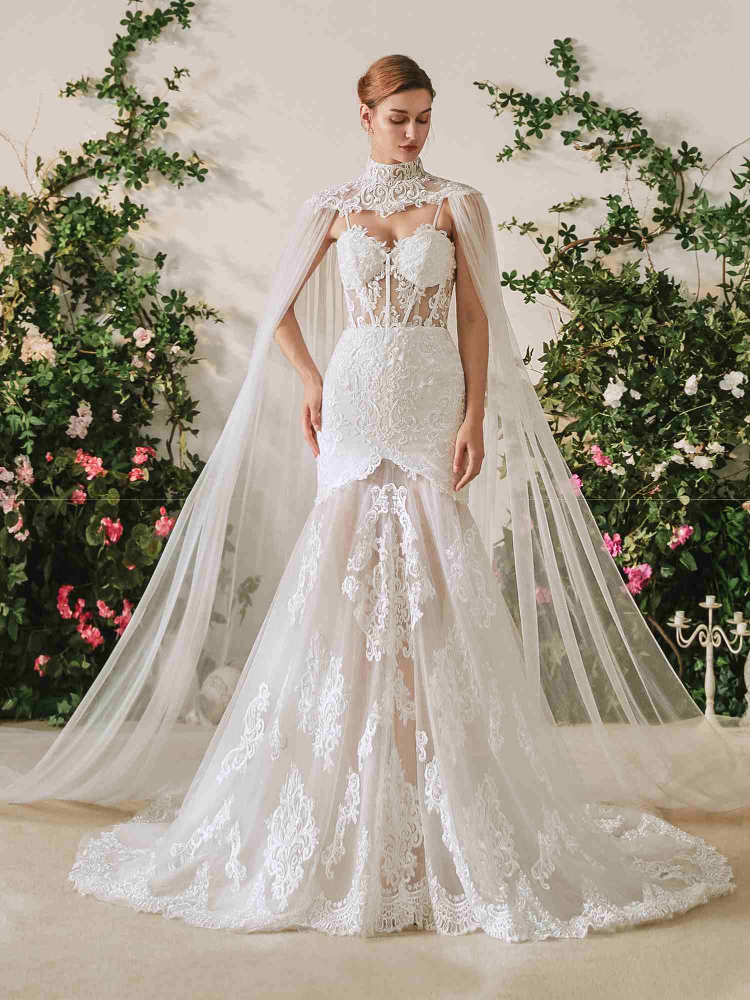 Robe De Mariee Royale Sirene Transparente Dentelle Avec Cape Fine Bretelle