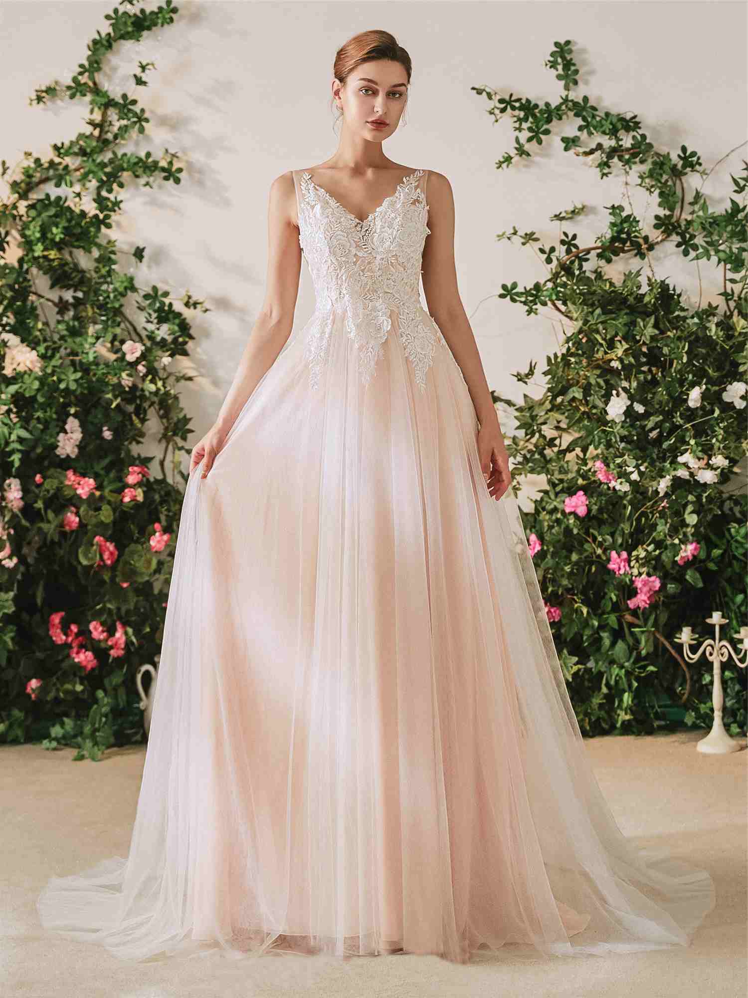 Tulle Dentelle Rose Poudrée Col V Dos Nu