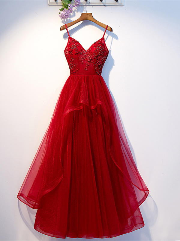 Robe De Soirée Longue Rose à Bretelles Spaghetti - Décor Perles - Taille 4 - Occasion Très Bon état