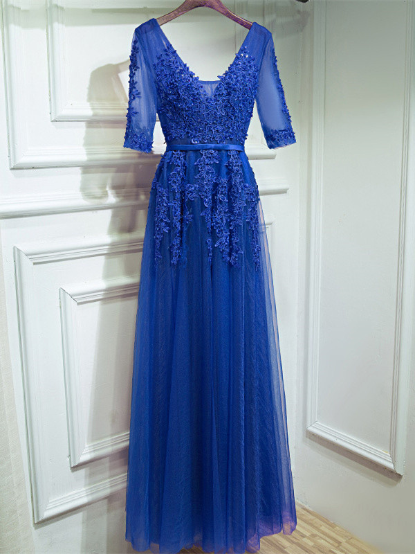 Robe De Soir e Bal Classique Longue Bleu Roi Tulle Dentelle Col V