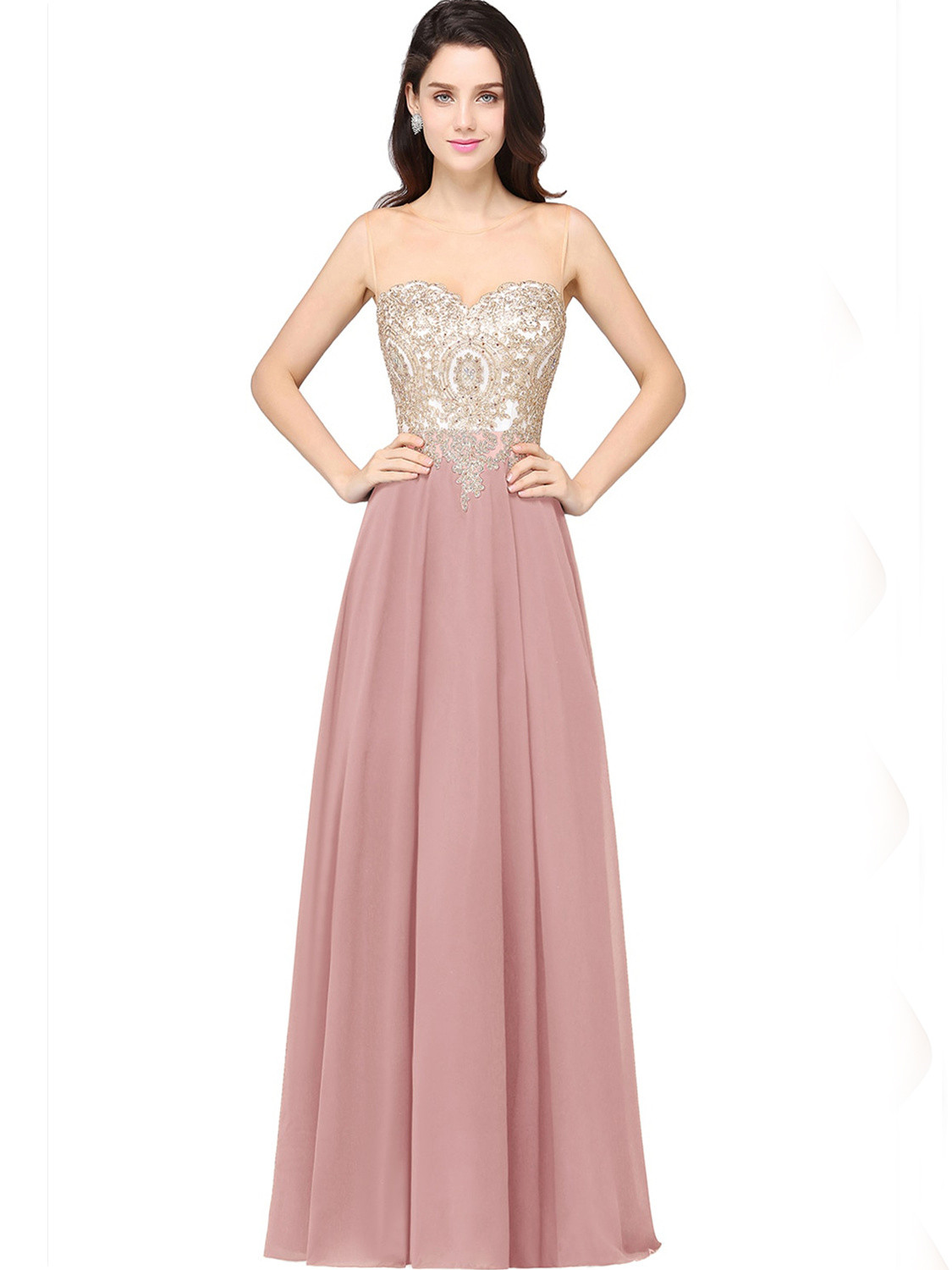 Robe De Soiree Bal De Finissants Longue Fluide Vieux Rose Mousseline Dentelle