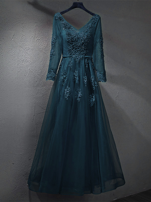 Robe De Soiree Bal Elegant Manche Longue Rose Fushia Tulle Dentelle Perle Col V