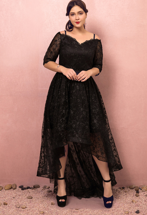 Robe De Soir e Bal Grande Taille Courte Devant Noire Dentelle Epaule D nud e