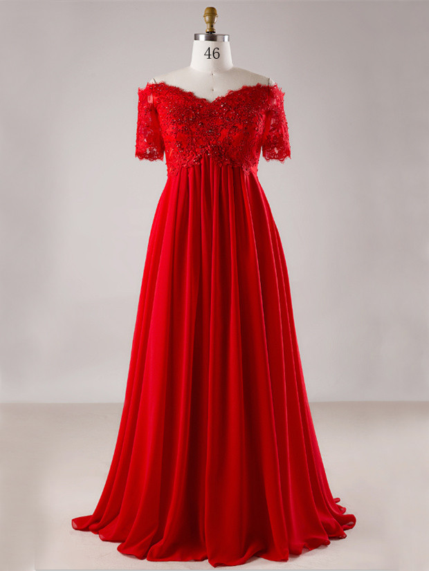 Robe De Soiree Bal Grande Taille Empire Longue Rouge Mousseline Dentelle Epaule Denudee
