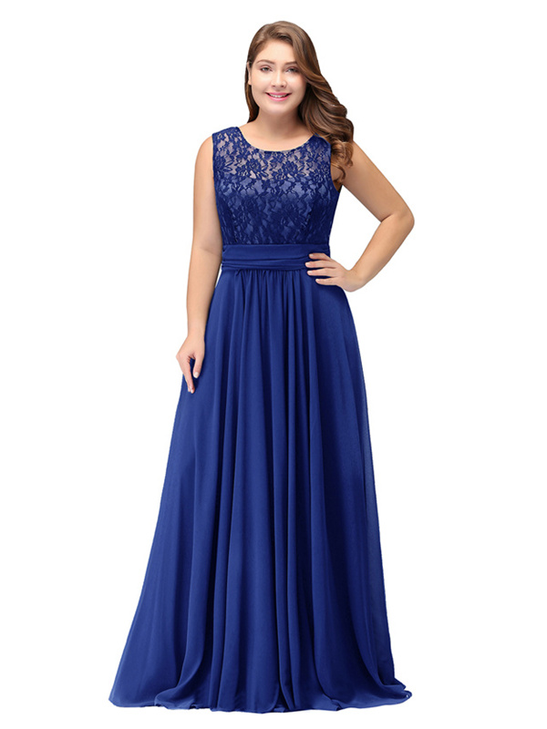 Robe De Ceremonie Soiree Grande Taille Longue Violette Dentelle Mousseline Col Rond