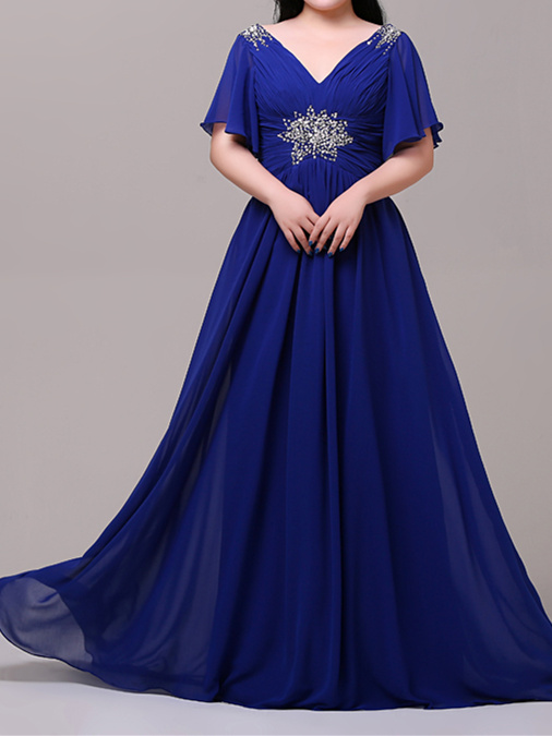 Robe De Soir e Bal Grande Taille Longue Bleu Roi Mousseline Manche