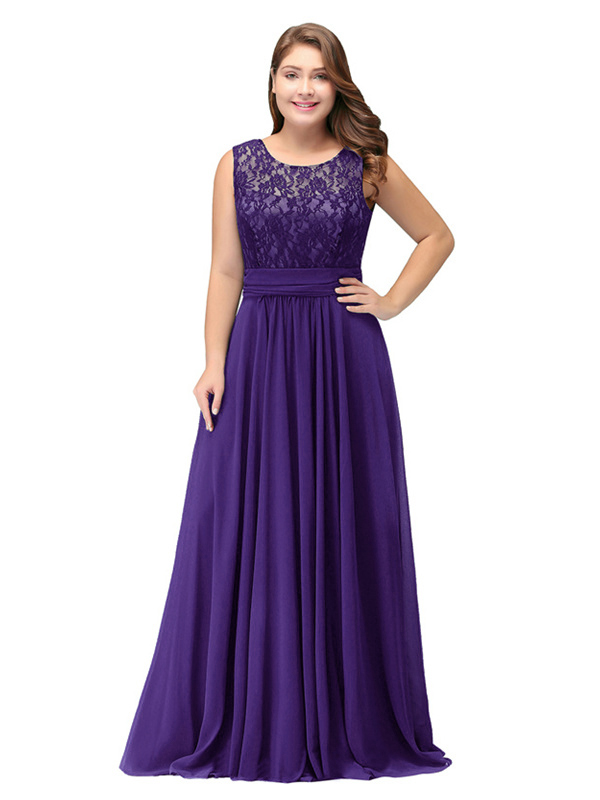 Robe De Ceremonie Soiree Grande Taille Longue Violette Dentelle Mousseline Col Rond