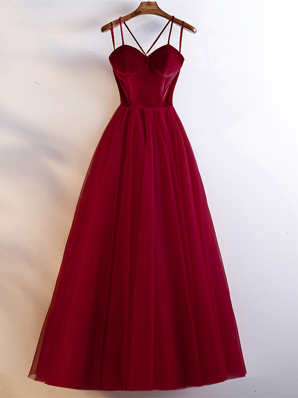 Robe De Soiree Bal Princesse Simple Longue Rouge Tulle Avec Bretelle