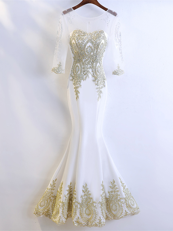 Robe De Soiree Bal Sirene Manche Longue Blanche Satin Doree Dentelle