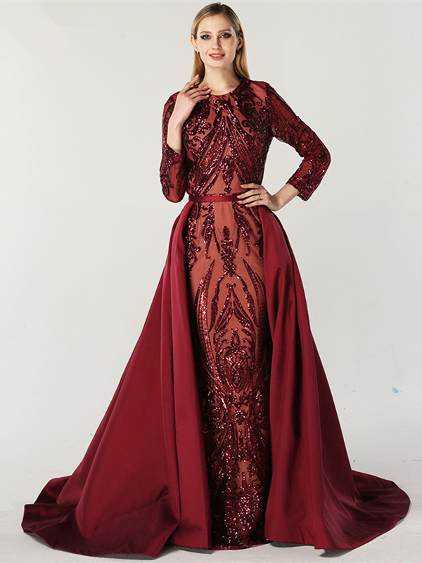 Robe De Soiree Brillante Bordeaux Manche Longue Col Montant Avec Traine Amovible