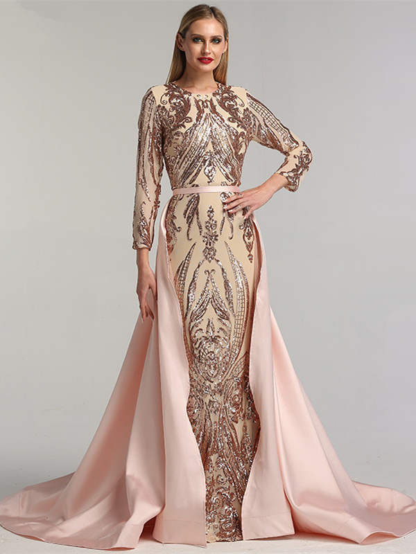 Robe De Soir e Brillante Rose Gold Manche Longue Col Montant Avec
