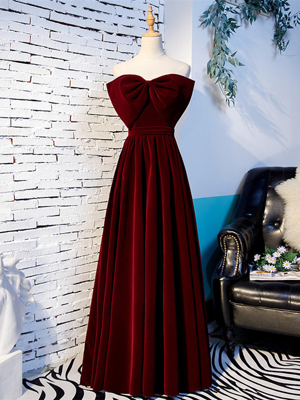 Robe De Soiree Bustier Longue Bordeaux Velour Plissee Avec Noeud