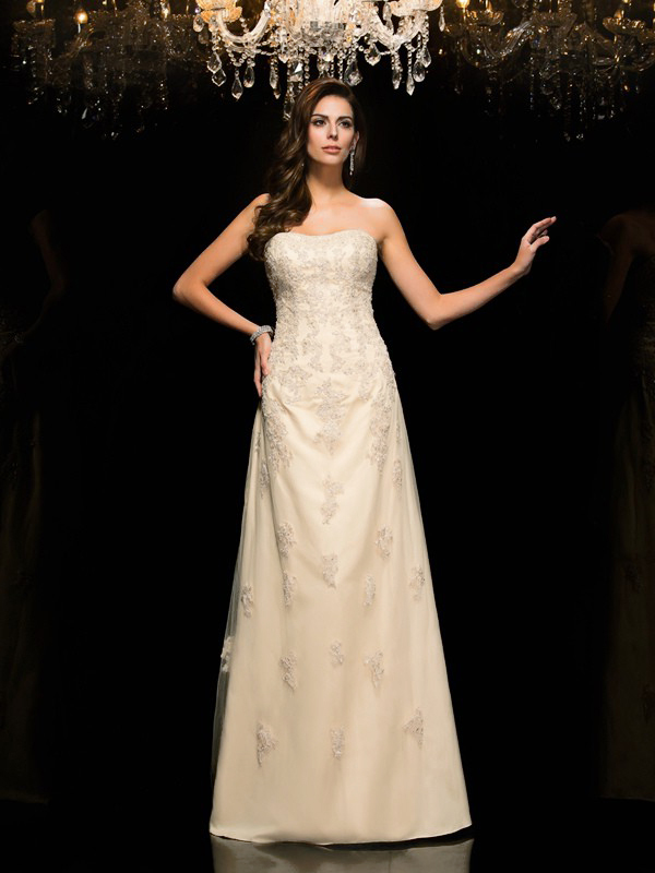 Robe De Soir e Ceremonie Classique Bustier Longue Beige Dentelle