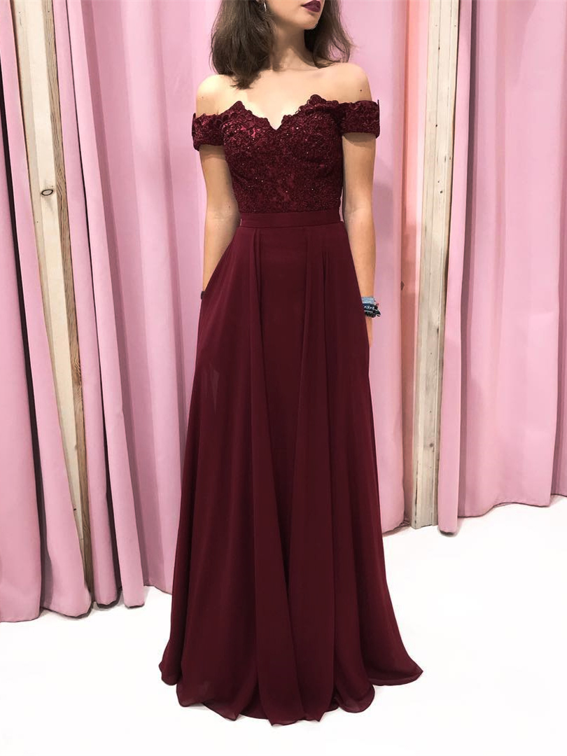 Robe De Soiree Ceremonie Longue Bordeaux Mousseline Dentelle Epaule Denudee
