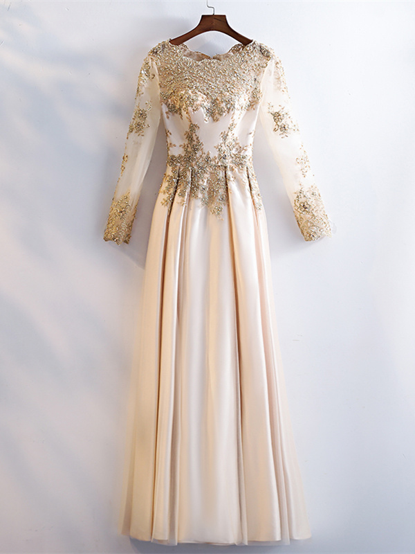 Robe De Soiree Ceremonie Manche Longue Champagne Satin Tulle Dentelle Perle