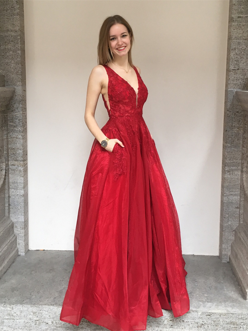 Robe De Soir e Elegante Longue Rouge Organza Dentelle D collet