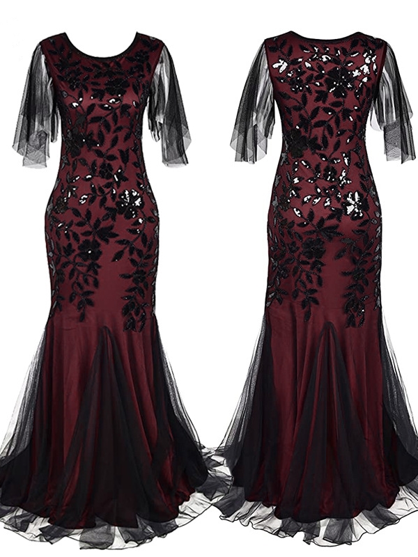 Robe De Soiree Femme Annee 20 Noire Robe Ceremonie Vintage Manche Papillon Col Rond