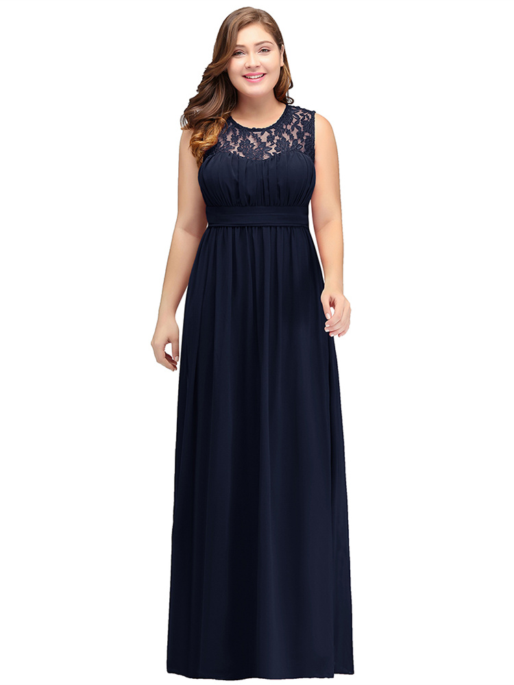 Robe Pour Mariage Grande Taille Longue Bleu Marine Mousseline Fluide Dentelle Col Rond