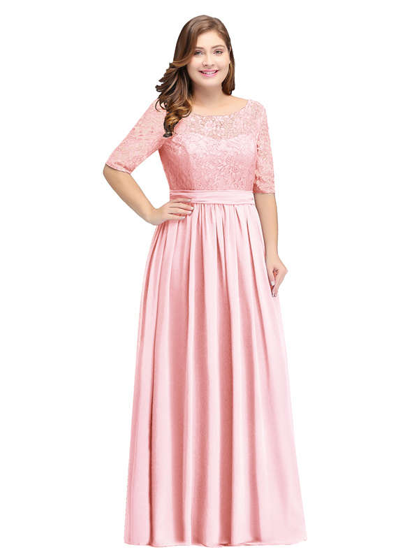 Robe De Soiree Grande Taille Longue Rose Pale Mousseline Dentelle Manche Col Bateau