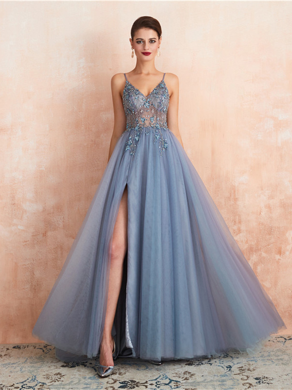 Robe De Soiree Haut Transparent Sexy Longue Bleu Gris Tulle Perle Avec Fente