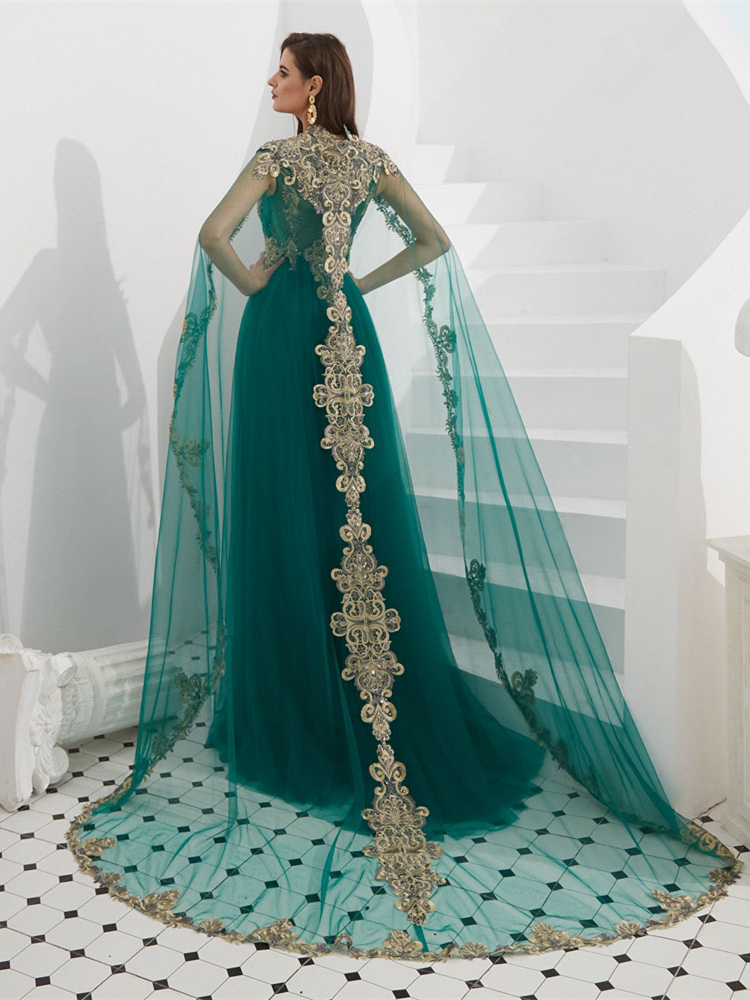 Robe De Soir e Longue Avec Cape Tulle Dentelle Vert Sapin