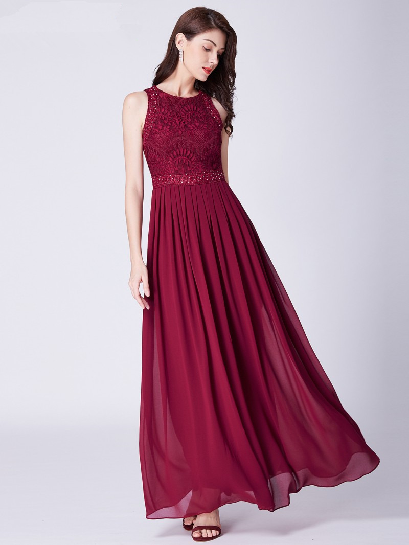 Robe De Soiree Longue Fluide Mousseline Dentelle Bordeaux