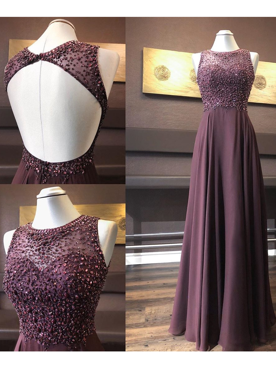 Robe De Soir e Longue Prune Mousseline Strass Perle Dos Ouvert