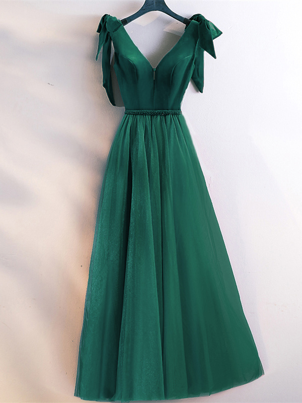 Robe De Soiree Longue Vert Sapin Tulle Col V Avec Strass Ceinture