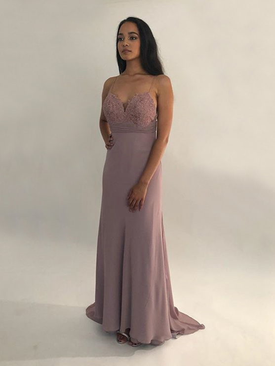 Robe De Soiree Longue Vieux Rose Mousseline Dentelle Avec Bretelle