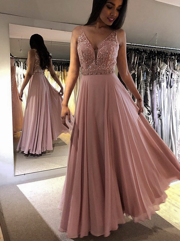 Robe De Soiree Longue Vieux Rose Mousseline Dentelle Decollete