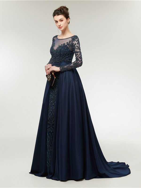 Robe De Soir e Luxe Manche Longue Bleu Marine Satin Perle Col