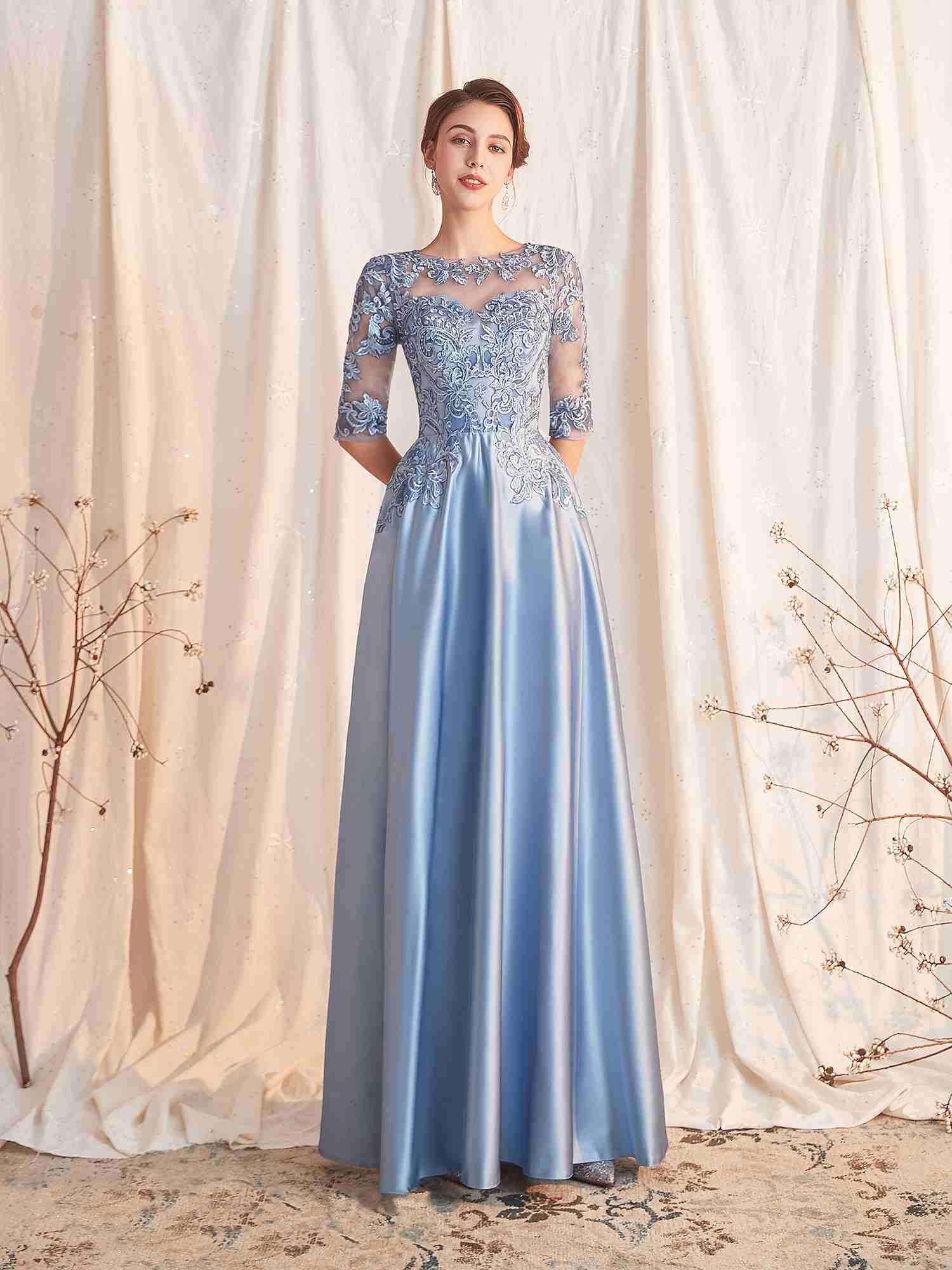 Robe De Soiree Mere Du Marie Droite Longue Dentelle Manche Satin Bleu Ciel