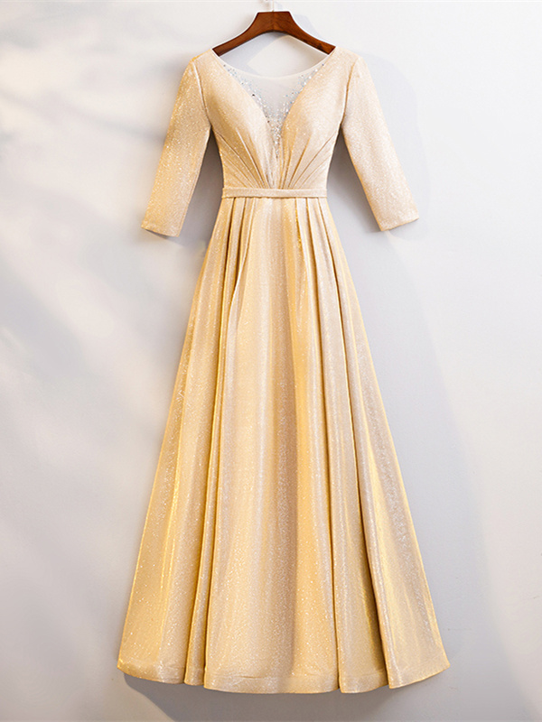 Robe De Soiree Manches 3 4 Simple Longue Doree Satin Scintillante
