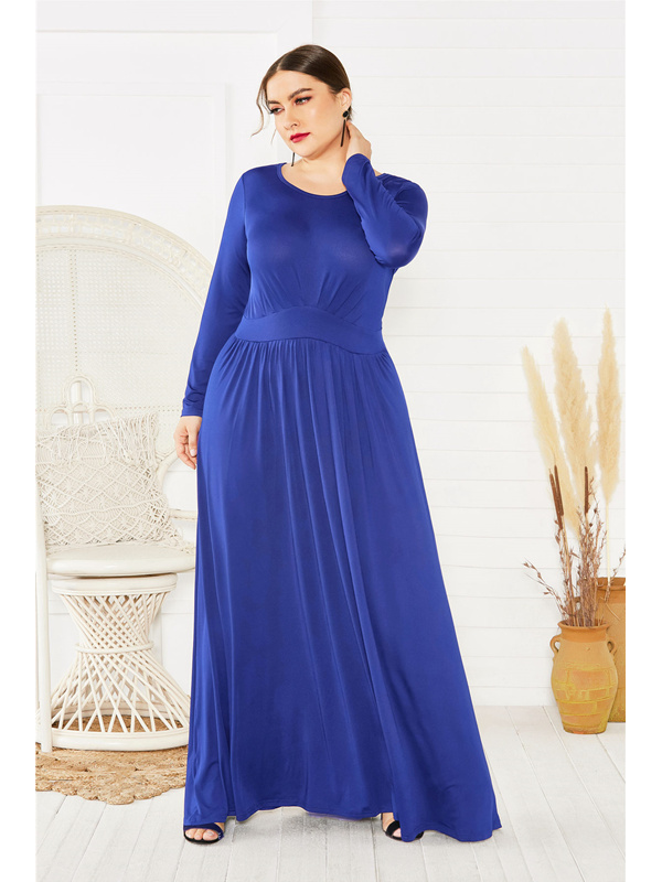 Robe De Soir e Maxi Grande Taille Manche Longue Bleu Roi Jersey Col Rond