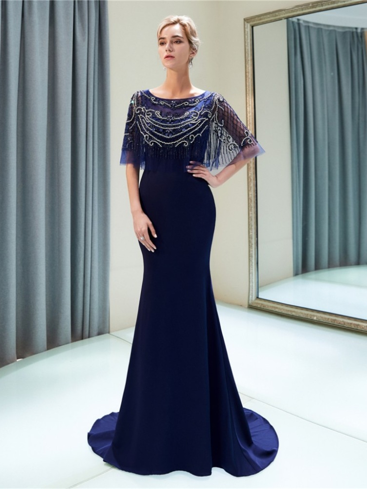 Robe Mere Du Marie Sirene Col Bateau Satin Bleu Marine Avec Cape Perle