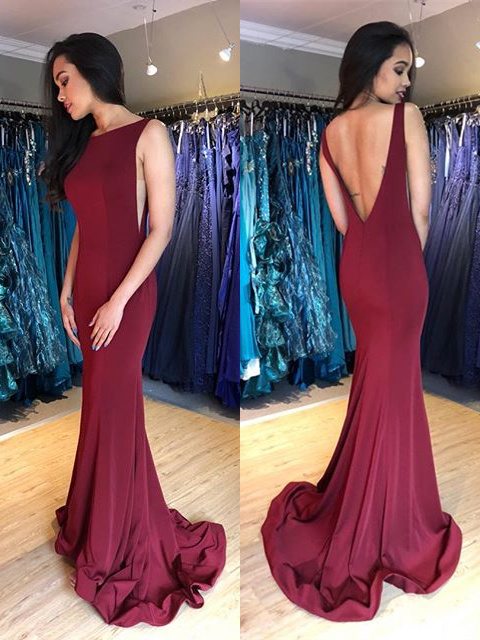 Robe De Soiree Sirene Dos Nu Simple Bordeaux Satin