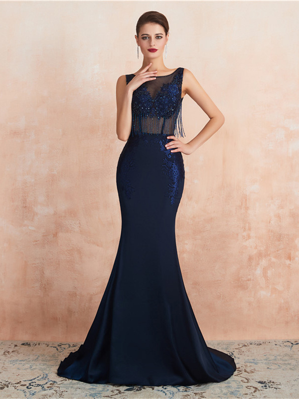 Robe De Soiree Sirene Longue Bleu Marine Satin Haut Transparent Frange