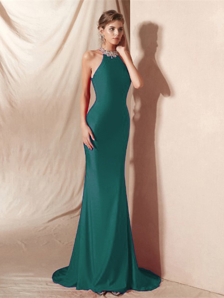 Robe De Soiree Sirene Longue Rouge Satin Licou Dos Ouvert