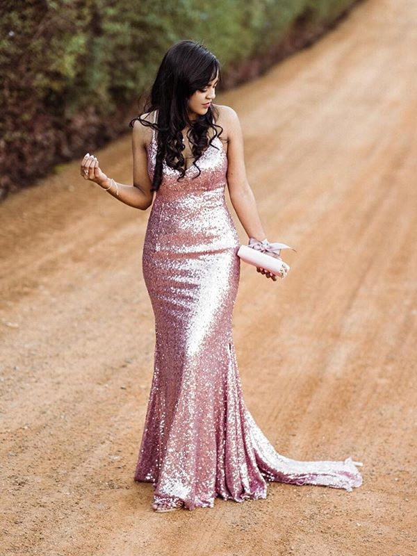 Robe De Soirée Sirène Rose Gold Paillette Scintillante Avec Traine Bretelle